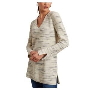 Pure Jill Striped Knit Tunic Sweater Top Cream Gray V-Neck 3/4 Sleeve XL